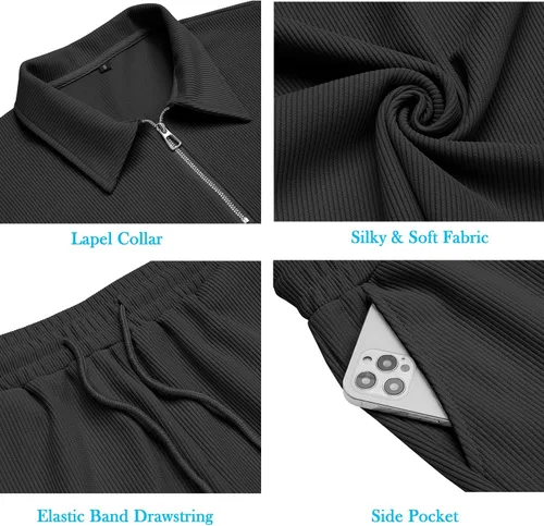 Miniatura 5 de URRU Conjunto de camisa polo y pantalones cortos para hombre, trajes de verano casuales de manga corta para hombre, conjunto de 2 piezas