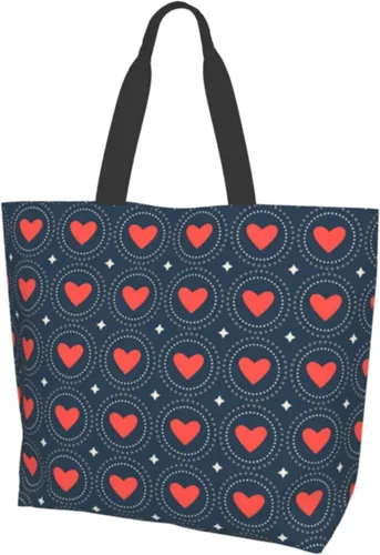Bolso de mano con patrón de corazón de amor rojo, grande, casual, para mujer, bolsas de comestibles reutilizables para el trabajo, compras, viajes,