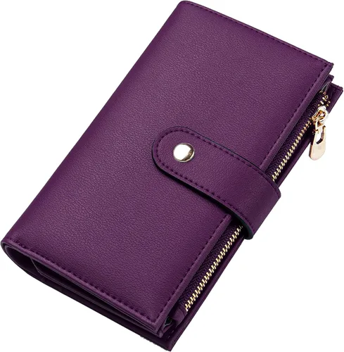 Miniatura 12 de yiijay Cartera para mujer con bloqueo RFID, de cuero vegano, triple pliegue, tarjetero para tarjetas de crédito, cartera de viaje con soporte