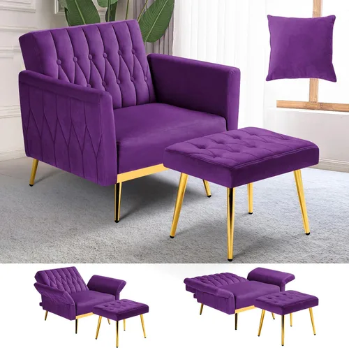 Silla de terciopelo Accent con apoyabrazos y respaldo ajustables, sillón de ocio con botones acolchados, sillón reclinable individual con otomano y