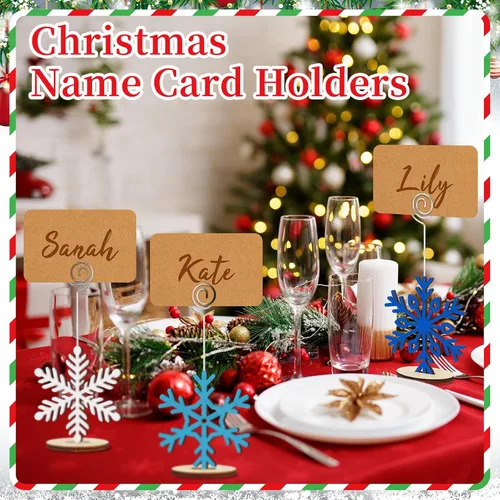 Miniatura 6 de Funnymoom - 20 unidades de soportes de madera para tarjetas navideñas con diseño de copo de nieve azul y blanco, y 20 tarjetas Kraft para nombres