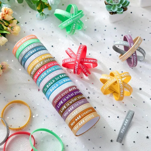 Miniatura 6 de Junkin 200 pulseras motivacionales a granel, pulseras de silicona inspiradoras a granel, pulseras de goma de colores, pulseras positivas, regalos