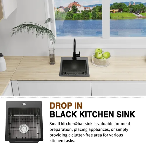 Miniatura 3 de Fregadero de cocina negro, fregadero de barra de acero inoxidable de 15 x 17 pulgadas, fregadero de cocina pequeño, elección ideal para espacios