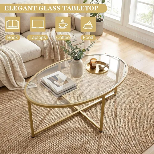 Miniatura 4 de Wolawu Mesa de centro ovalada dorada de vidrio para sala de estar, mesas de té modernas con marco de metal dorado para espacios pequeños, mesa