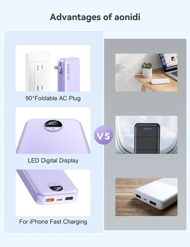 Miniatura 5 de Cargador ultraportátil de 10000 mAh con cables integrados y enchufe de pared de CA, cargador de teléfono celular de carga rápida PD20W USB-C, Púrpura