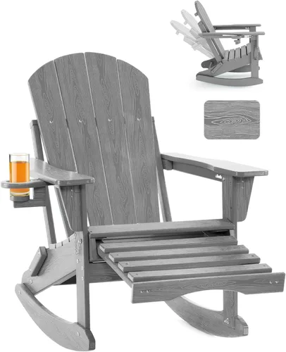 Miniatura 12 de Mecedora plegable Adirondack, silla de patio multifuncional 4 en 1 con otomana retráctil, silla de exterior con textura de madera, silla de césped