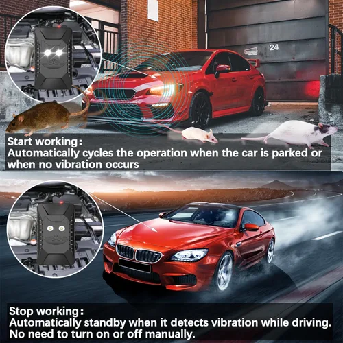 Miniatura 4 de Tirgo 2 piezas Repelente de Roedores para Coche Bajo el Capó, Repelente de Ratones Ultrasónico con Luz Estroboscópica, Alimentado por Batería