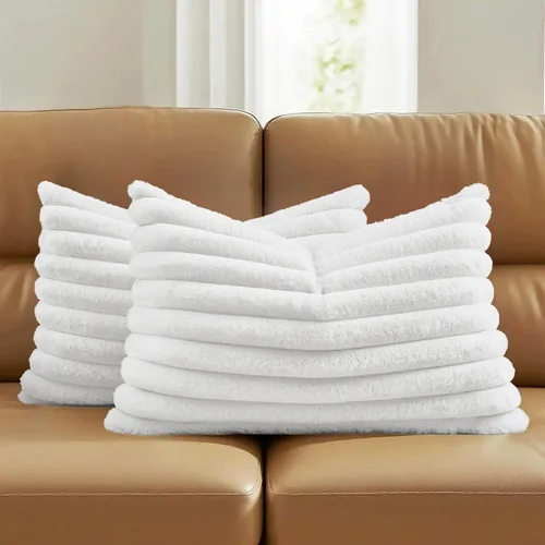 Miniatura 69 de FUTEI - Juego de 2 fundas de almohada decorativas con rayas, cuadradas, para invierno, piel sintética de conejo suave y acogedora y respaldo