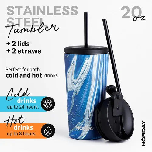 Miniatura 3 de NORDAY Vaso con tapa y popote - Bloom 20oz - Vaso aislado azul dorado - Vasos de acero inoxidable - Taza de café de viaje de doble pared - Dorado