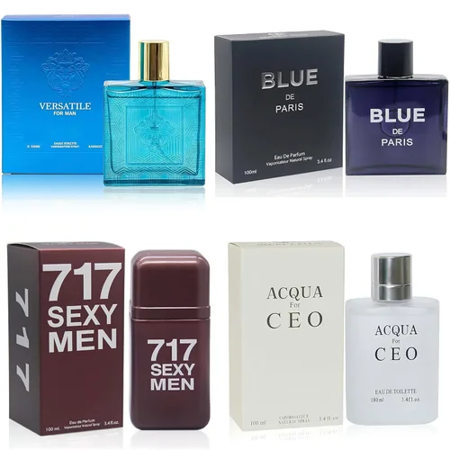 AFLUXE Colonia para hombre Set 4 conjuntos combinados (717SexyM/BlueD Paris/AQUA CEO/Versátil) Eau De Parfume/Toilette Spray Natural cada 100ML