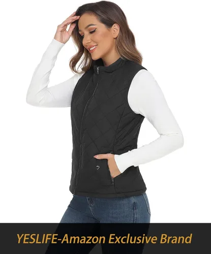 Miniatura 4 de YESLIFE Chaleco de moda para mujer con un bolsillo interior cuello alto ligero con cremallera acolchado para mujer