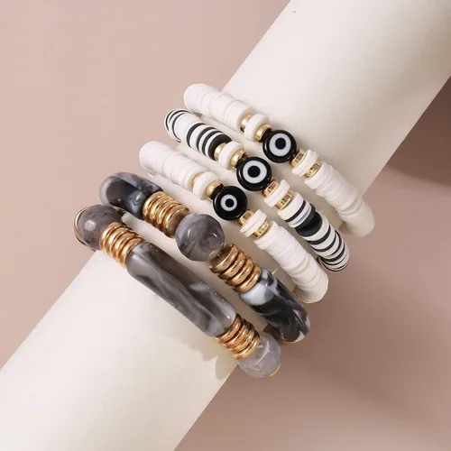 Miniatura 4 de Joya Love Brazalete de cuentas de verano con cara sonriente, ojo malvado, de bambú, acrílico, arcilla Heishi, pulseras de cuentas para mujer