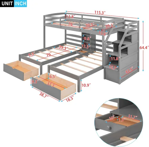 Miniatura 2 de Bellemave Literas triples con escaleras de madera, tamaño individual sobre dos literas individuales con cajones de almacenamiento y estantes