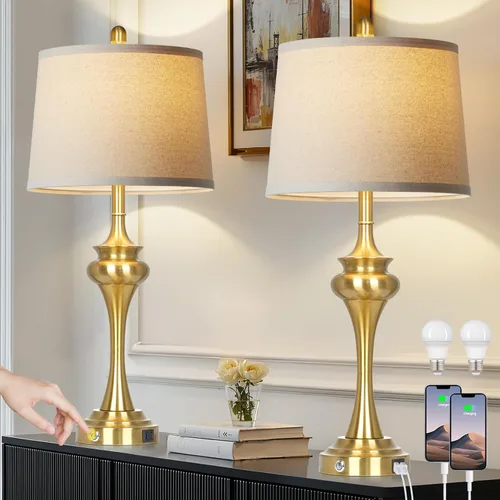 Miniatura 13 de Rinweey Lámpara de mesa plateada de 30 pulgadas individual, lámpara de noche de control táctil de 3 vías con puertos USB A+C, modernas lámparas