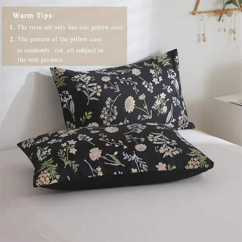 Miniatura 6 de Juego de edredón floral tamaño Twin, edredón negro estampado de hojas de flores botánicas amarillas y verdes para niños, adolescentes y mujeres