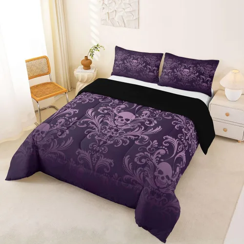 Miniatura 4 de Juego de ropa de cama de damasco violeta salmón para adultos, juego de edredón barroco victoriano antiguo, tamaño Queen, edredón floral gótico Multi