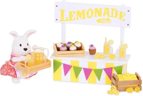 Miniatura 3 de Li'l Woodzeez Juego de soporte de limonada con figura de conejo, juego de juguetes de 25 piezas que incluye comida de juego y accesorios