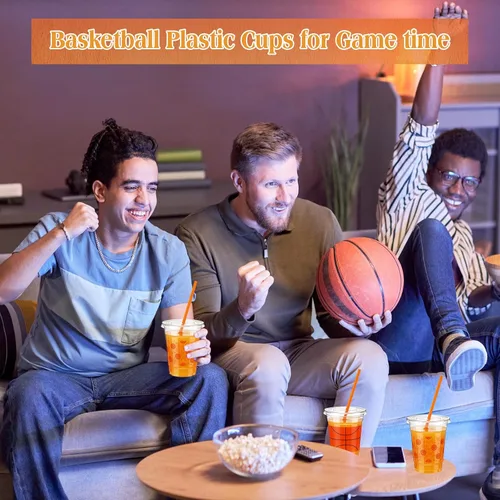 Miniatura 5 de Yaomiao 300 Piezas Vasos de Plástico de Baloncesto de 12 oz con Tapas y Pajitas Vasos Transparentes Desechables de Plástico Feliz Fiesta Temática