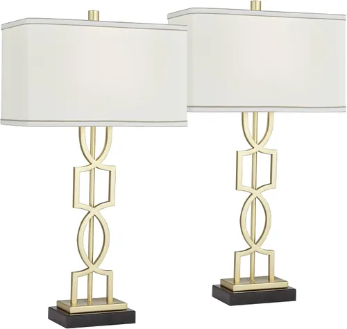 Miniatura 2 de 360 Lighting Evan - Juego de 2 lámparas de mesa modernas de 28 1/4 pulgadas de alto, marco geométrico de metal dorado, pantalla rectangular curvada