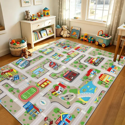 Miniatura 9 de Capslpad Alfombra Azul de Coche y Carretera para Niños, Alfombra de Juego para Sala de Juegos, Alfombra Antideslizante Lavable con Mapa de la Ciudad