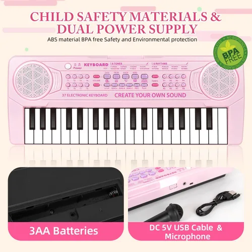 Miniatura 5 de Teclado de piano para niños, teclado de 37 teclas, juguetes musicales con micrófono, altavoz dual, juguetes de piano, regalos de cumpleaños