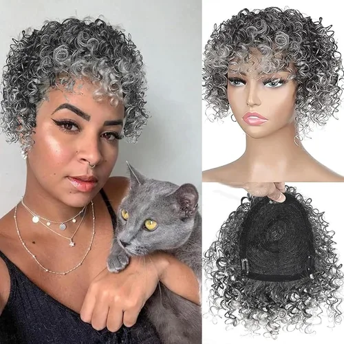 Miniatura 7 de Oseti Peluca de cabello rizado afro negro corto con clip en piezas sintéticas para mujeres con cabello delgado, pelucas negras suaves naturales