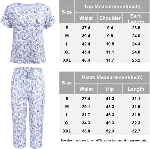 Miniatura 4 de Ekouaer Pijamas de manga corta para mujer, ropa de dormir y pantalones capri, conjuntos de pijama con estampado lindo con bolsillos S-XXL