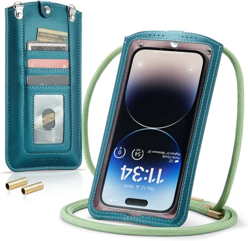 Miniatura 15 de Bolso cruzado pequeño para teléfono celular para mujeres y hombres, mini bolso de hombro de cuero con tarjetero y ranura para collar, cordón