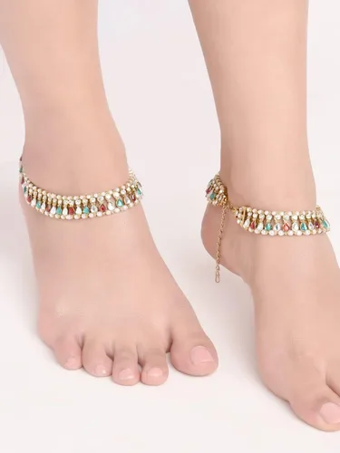 Miniatura 3 de Efulgenz Indian Bollywood Faux Kundan Pearl Wedding Bridal Anklet Pair with Bells Bracelet PayPal Foot Jewelry