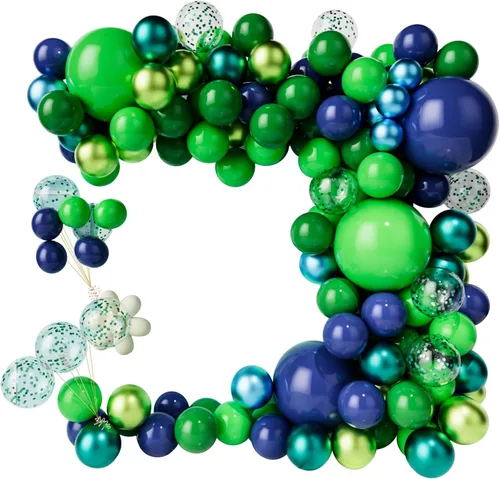 Miniatura 9 de Kit de guirnalda de globos de 125 piezas azul verde macarrón y globos azul metálico plateado para decoración de fiestas de cumpleaños, jubilación