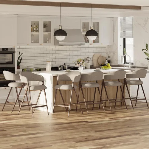 Miniatura 17 de COLAMY Juego de 2 taburetes de bar de 26 pulgadas de altura de mostrador con respaldo, sillas de bar tapizadas modernas con patas de metal para Beige
