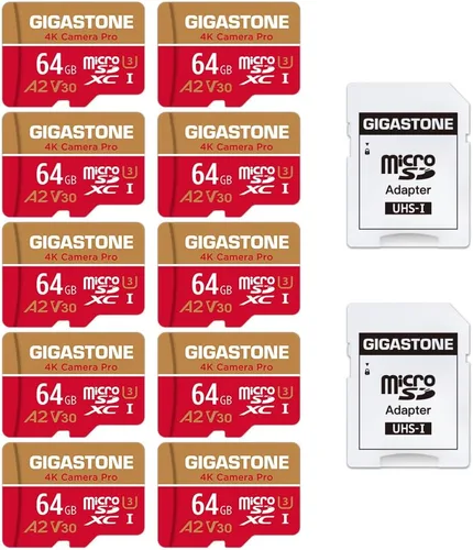 【Recuperación de datos de 5 años】 GIGASTONE - Tarjeta Micro SD de 64 GB, paquete de 10, cámara 4K Pro, para GoPro, cámara de seguridad, Wyze, DJI,