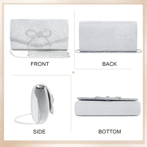 Miniatura 4 de Bolso de noche para mujer, bolsos de mano con lazo brillante, bolsa cruzada, bolsa de boda, fiesta de diamantes de imitación con purpurina