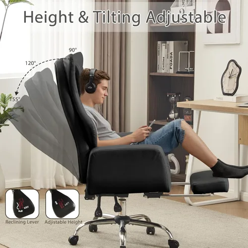 Miniatura 6 de Silla ergonómica de oficina con piernas cruzadas con reposapiés, silla ejecutiva de cuero grande y alta con apoyabrazos reversible, almohada lumbar