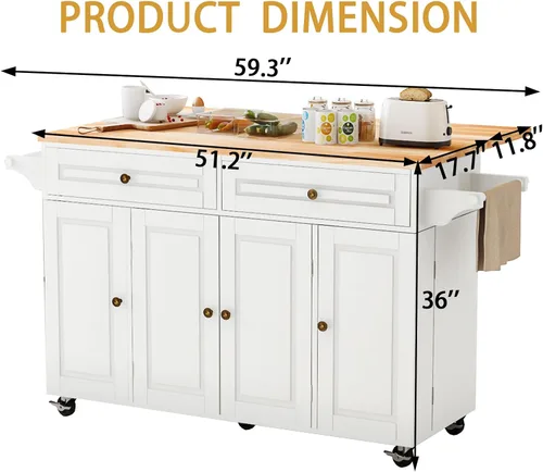 Miniatura 2 de Carrito para isla de cocina con almacenamiento y ruedas, isla de cocina rodante grande de 150 cm con hoja abatible, isla móvil para cocina