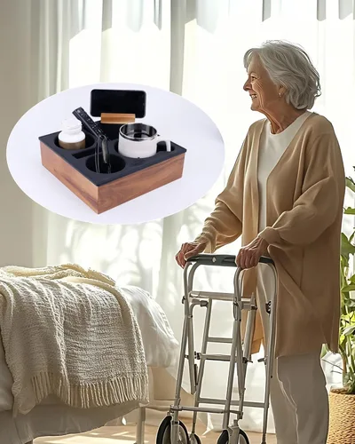 Miniatura 2 de Bandeja portavasos, silicona de grado alimenticio suave de madera de acacia para cama, asiento de automóvil, organizador de playa, impermeable, Negro