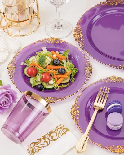 Miniatura 7 de Nervure Juego de 175 platos de plástico morado transparente, juego de platos de fiesta morados para 25 invitados, incluye 25 platos de cena, 25