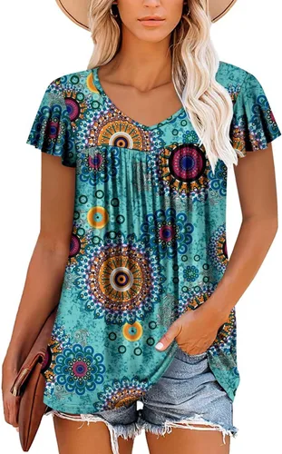 Miniatura 2 de ROSELINLIN Blusa de verano de manga corta con volantes y cuello en V para mujer