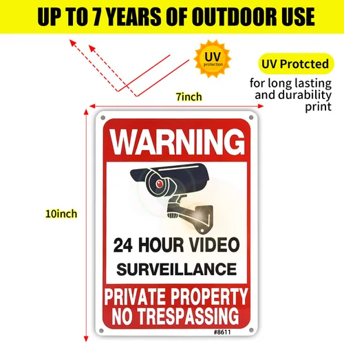 Miniatura 2 de Señal de Propiedad Privada Sin Intrusos Advertencia de Videovigilancia 24 Horas Aluminio 25x18 cm Uso en Exterior para Hogar, Patio y Negocio