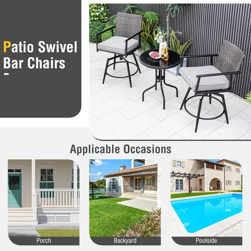 Miniatura 8 de Tangkula Juego de 2 taburetes de bar giratorios para patio, sillas de bar de altura de mostrador para exteriores con respaldo de ratán de Negro