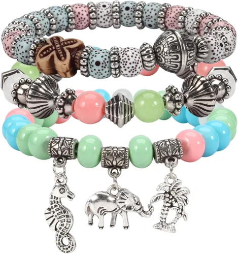Miniatura 4 de Twinfree Pulseras bohemias para mujer, pulsera elástica de cuentas de colores multicapa con dije de joyería