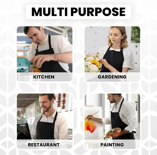 Miniatura 6 de Adjustable Bib Apron 100% Polyester Kitchen Aprons Waterdrop Resistant Aprons with Adjustable Strap, Pockets & Long Ties Negro