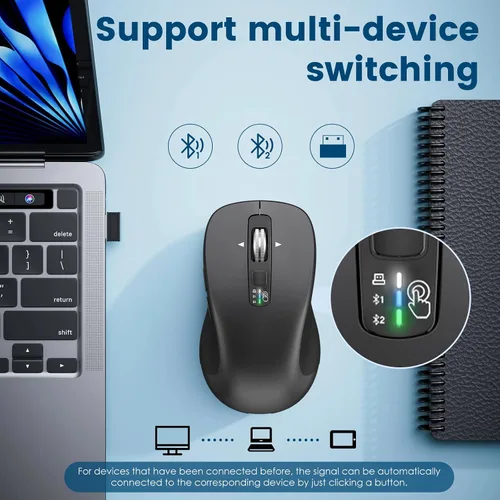 Miniatura 5 de CITLLA Ratón inalámbrico Bluetooth (USB + BT1 + BT2), ratón de tamaño completo, desplazamiento de 4 vías, silencioso para múltiples dispositivos Gris