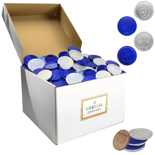 Miniatura 6 de The Dreidel Company Monedas de chocolate con leche, Gelt de Hanukkah, monedas azules y plateadas, hechas con chocolate belga de primera calidad, sin