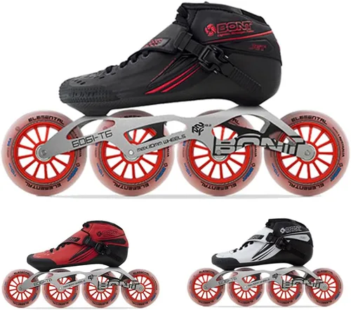 Bont Patines de velocidad Jet en línea, vegano, paquete de carreras moldeables por calor con bota de fibra de carbono, ruedas elementales y Negro