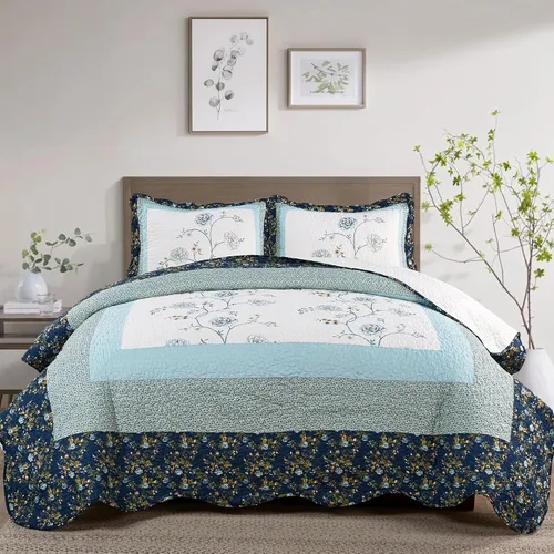Home Soft Things Dorset - Juego de colcha de 3 piezas con bordado floral con borde festoneado, rústico, desgastado y elegante, vintage, suave,