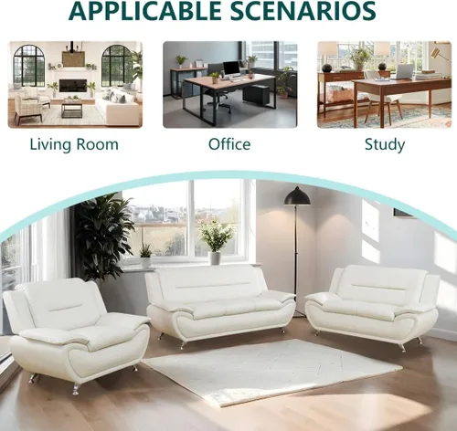 Miniatura 6 de Sofás Seccionales de Cuero, Conjuntos de Muebles de Sala de Estar, 3 Piezas Conjunto de Sofá Moderno para Sala de Blanco crema