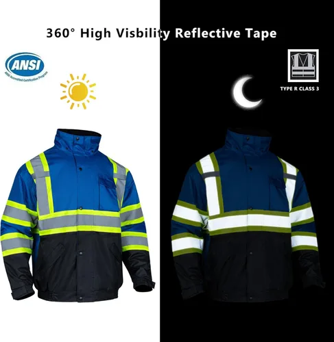 Miniatura 6 de FONIRRA Chaqueta de alta visibilidad para hombre, impermeable, reflectante, con capucha, de alta visibilidad, para el invierno, abrigo de seguridad