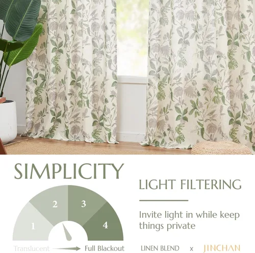 Miniatura 4 de Jinchan Cortinas de lino para sala de estar de 63 pulgadas de largo, con estampado de hojas tropicales, cortinas botánicas de lino estilo rústico