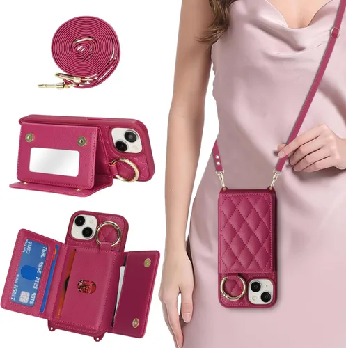 Miniatura 10 de Funda para iPhone 14 Plus con tarjetero y correa para mujer, cordón cruzado, espejo de maquillaje, soporte de anillo, cierre a presión, bonitas Rosa